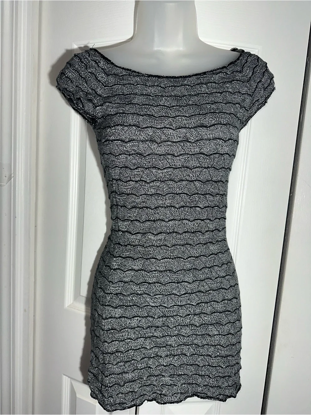 Free People Fine Gauge Knit Sheath Mini Dress Cap Sleeves Black Gray XS  AA24
